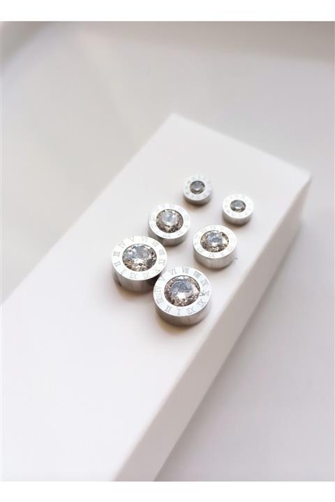 Ginger Takı Gümüş Renk Çelik Roma Rakamlı 3 Çift Set Küpe