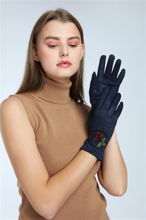 Luisido Kadın Lacivert Gül Baskılı Dokunmatik Parmak Içi Polarlı Süet Eldiven