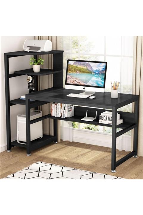 Zizuva Siyah Şık Tasarım Ev Ofis Genç Çocuk Bilgisayar Monitör Raflı Kitaplıklı Metal Çalışma Masası