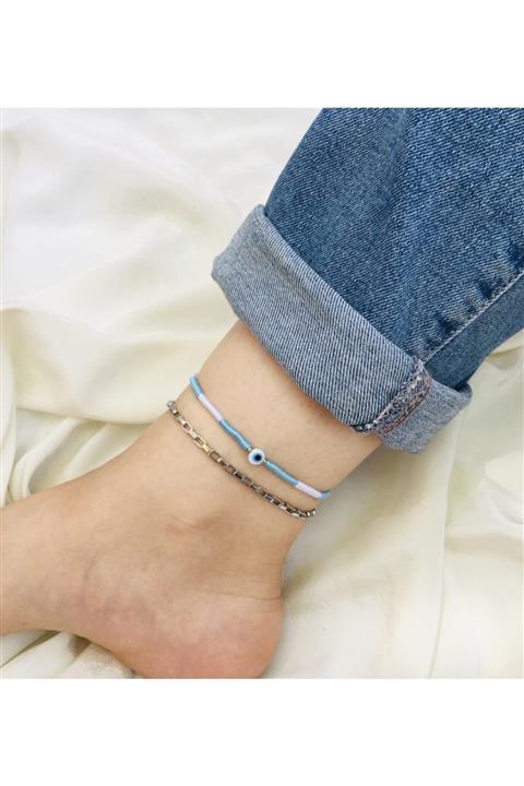 PEARL BEADS Nazar Boncuklu Şans Ip & Paslanmaz Çelik Zincir Halhal Set