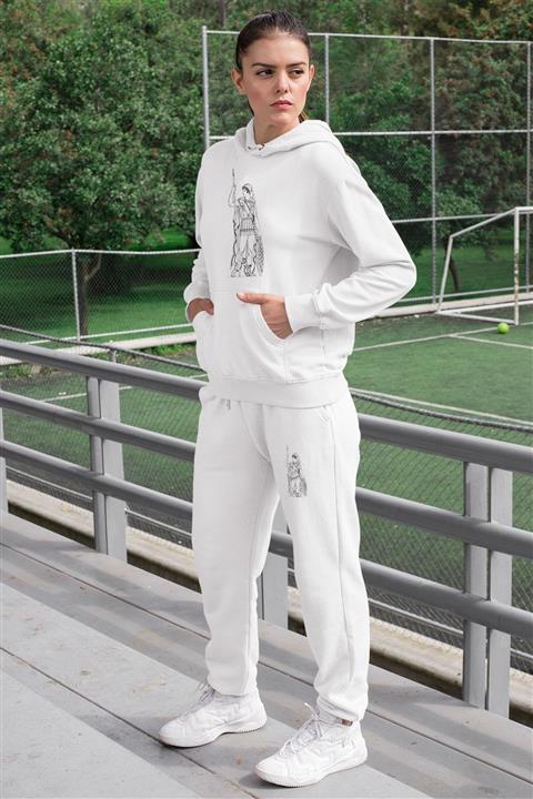 Angemiel Wear Mısraklı Asker Kadın Eşofman Takımı Beyaz Kapşonlu Sweatshirt Beyaz Eşofman Altı
