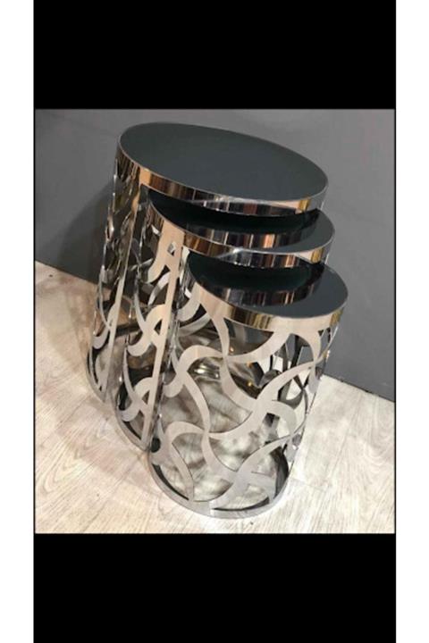 Gençtürk Krom Metal Füme Aynalı 3 Lü Zigon Sehpa