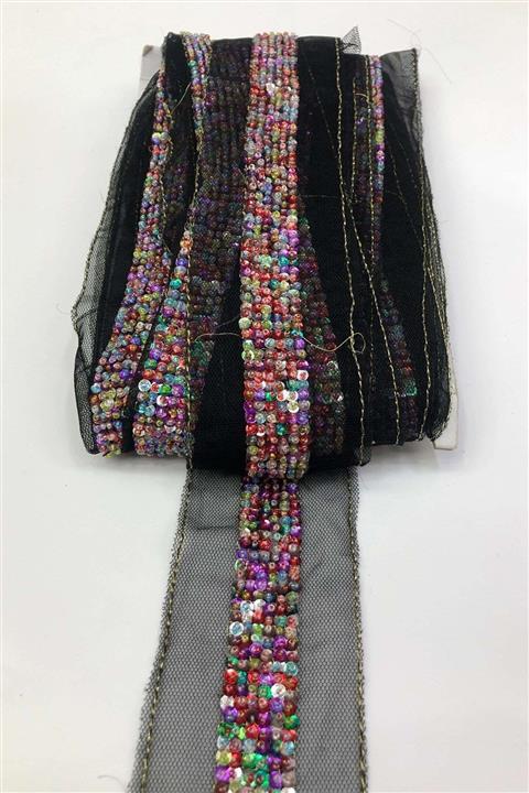 Hobigram Siyah Renkli Boncuk Işlemeli Şerit