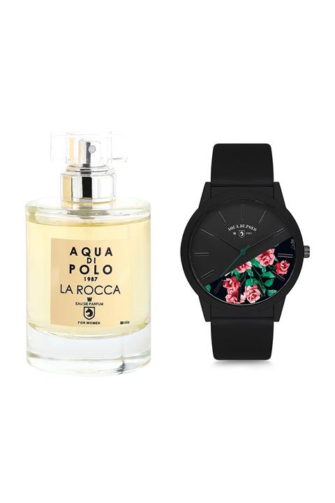 Aqua Di Polo 1987 Kadın Siyah Çiçekli Kol Saati Ve La Rocca Edp 50 ml Kadın Parfüm Stwa005201