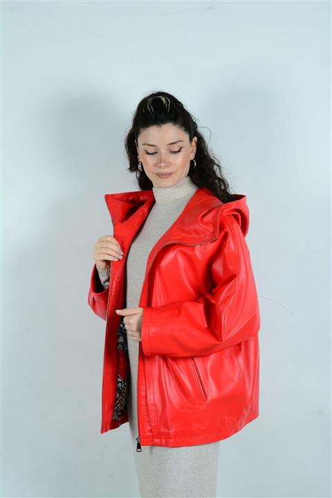 PERFETO Kadın Kırmızı Nar Çiçeği Kapşönlü Deri Ceket Yağmurluk