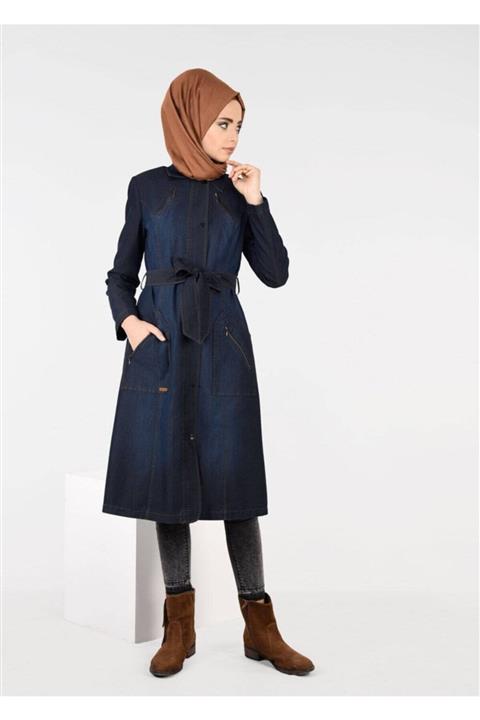 TRENDTESETTÜR Cepleri Fermuarlı Kuşaklı Denim Trençkot 1945