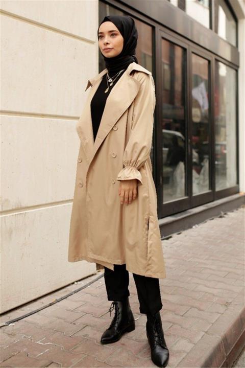 Esvet Kadın Krem Tesettür Bilekleri Detaylı Kuşaklı Trençkot Çift Cepli