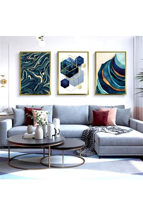 LiliaHome 33x43 Cm 3lü Shadesofblue Altın Rengi Posterli Çerçeve Seti
