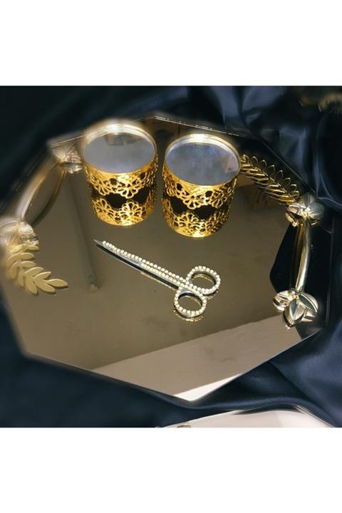 MerHan Party Nişan Tepsisi Ve Damat Kahvesi Takım 8gen Yapraklı Gold