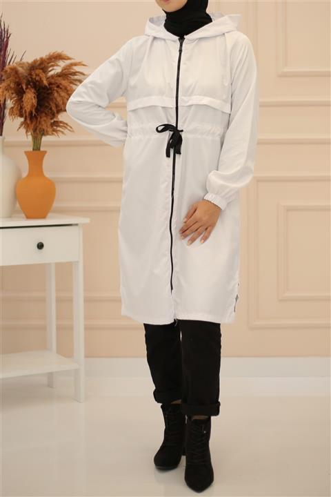İmajButik Belden Bağlamalı Kapşonlu Yağmurluk/beyaz