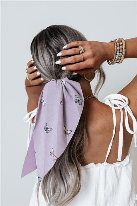 SECAR Mor Kelebek Baskılı Saten Fular Toka Scrunchie