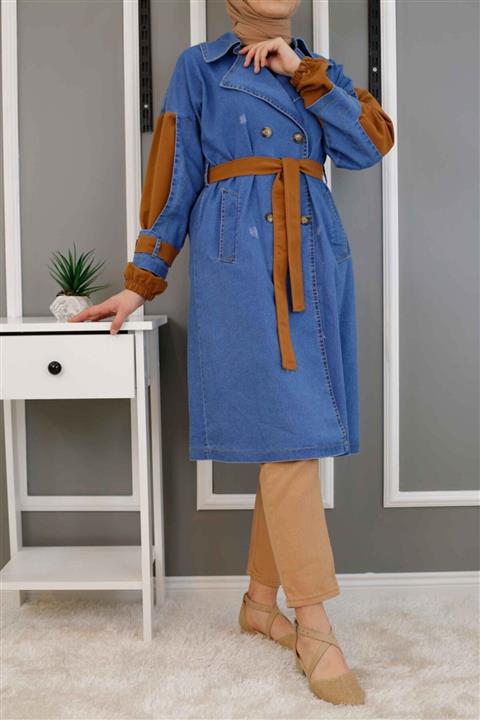 İmajButik Belden Kuşaklı Çift Renk Kot Trençkot-koyu Kot