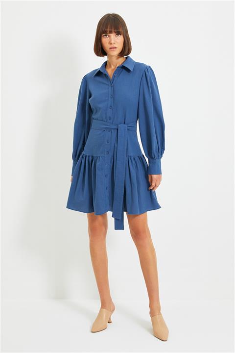 TRENDYOLMİLLA Mavi Kuşaklı Gömlek Elbise TWOAW22EL0272