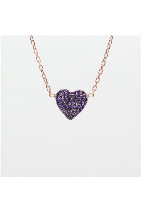 Zelda Silver Taşlı Kalp Choker Rose Lila Taşlı