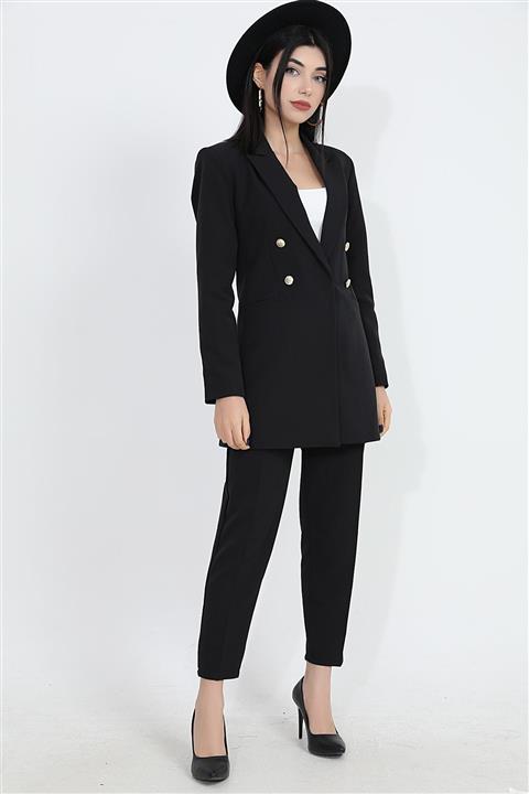 VAPUR TEKSTİL Kadın Siyah Omuzları Vatkalı Önü Çıtçıtlı Atlas Kumaş Blazer Ceket