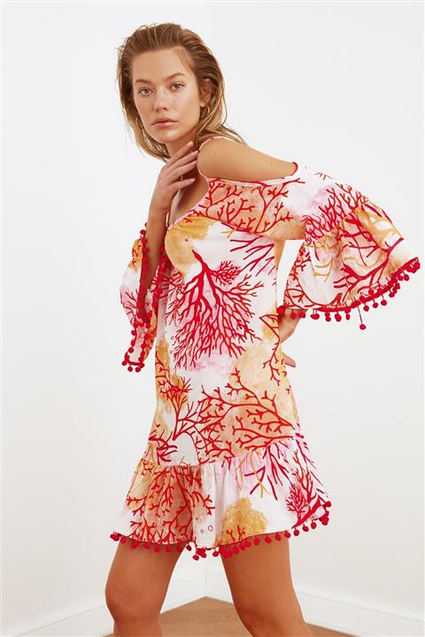 TRENDYOLMİLLA Turuncu V Yaka Ponponlu Vual Plaj Elbisesi TBESS20EL0860