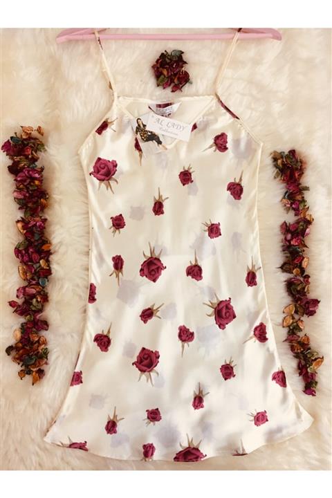 Altınay Ip Askılı Çiçek Motifli Saten Gecelik