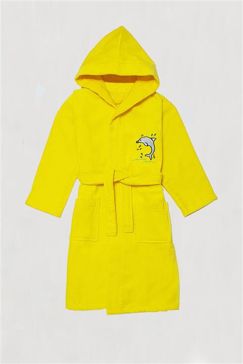 Eflatun Unisex Çocuk Sarı Kapüşonlu Cepli Önden Bağlamalı Bornoz