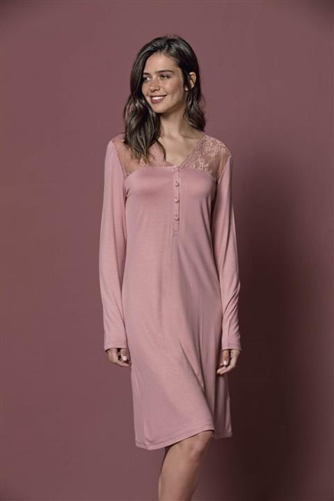 MONAMİSE Kadın Pembe Uzun Kol Gecelik 19k19214