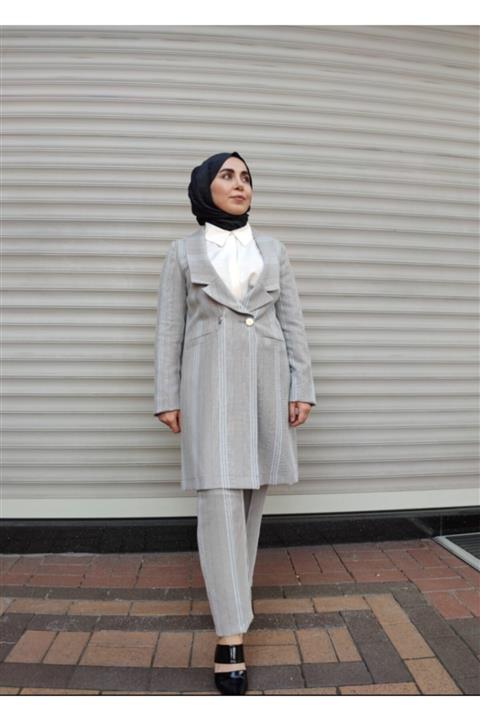 QUALABA Qaba Kaz Ayağı Desenli Ceket-pantalon Takımı