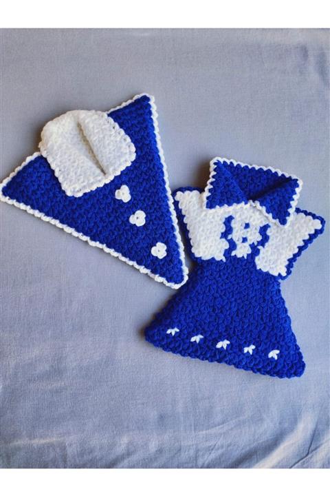 ElitTR El Örgüsü Gelin Damat Banyo Lif Seti Mavi Beyaz Renk