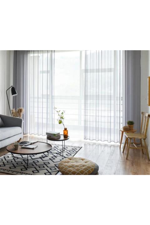 Ran Perde Tül Perde Düz Dökümlü Modern Tül Perde - Açık Gri - Pileli