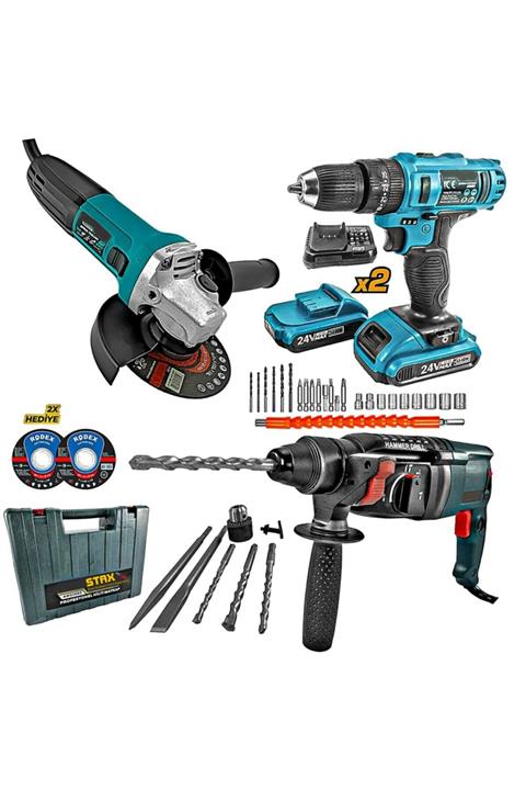 STAXX POWER Profesyonel 3'lü Süper Set 2400w Taşlama, Lion Çift Akülü Matkap, 3400w Hilti Hediyeli Full Set