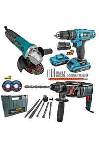 STAXX POWER Profesyonel 3'lü Süper Set 2400w Taşlama, Lion Çift Akülü Matkap, 3400w Hilti Hediyeli Full Set