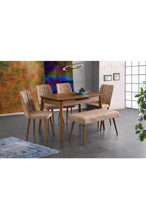 Evistro Ortadan Açılır Ahşap Salon Yemek Masası Bench Puf 4 Adet Sandalye