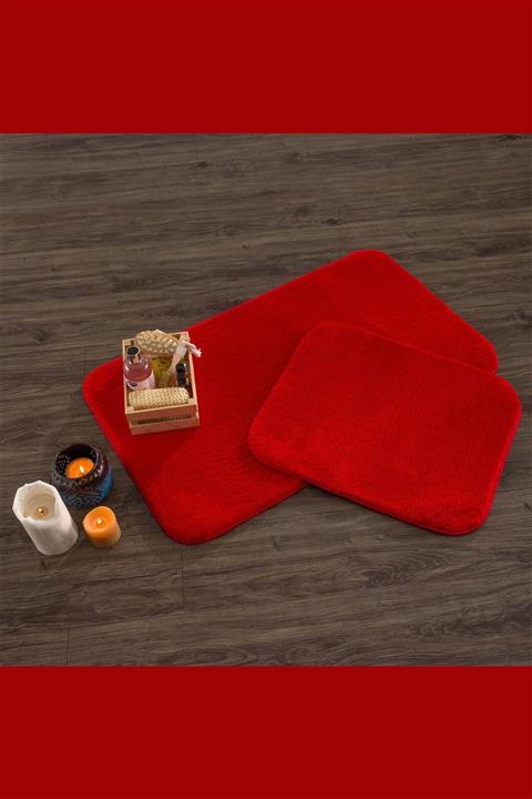 Aylem Home 2'li Banyo Paspas Takımı Peluş Kaymaz Taban Halı Kırmızı