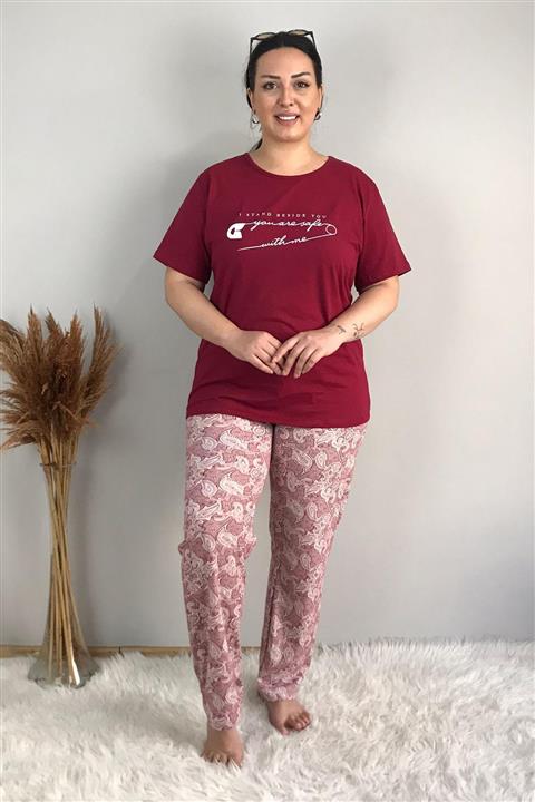 tarzimsuper Kadın Büyük Beden Çengelli Iğne Baskılı Şal Desenli Bordo Pijama