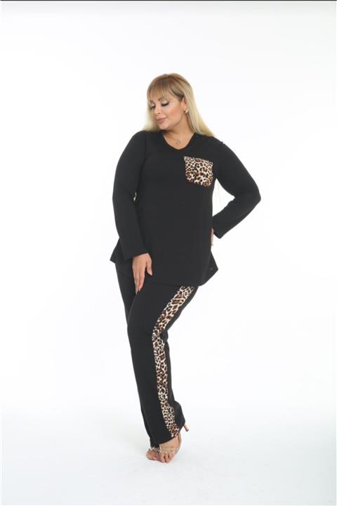 ModaSehle Kadın Büyük Beden Siyah Cep Leopar Uzun Kol Takım