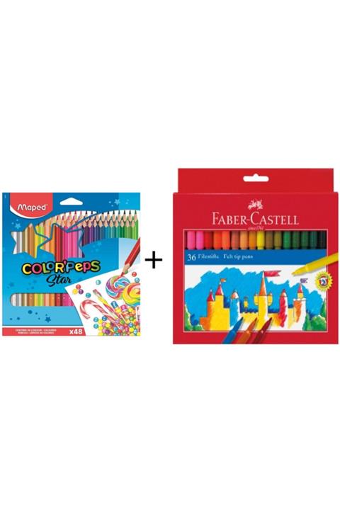 Faber Castell Maped Color Peps 48 Renk Kuru Boya + Unicolor 36 Renk Keçeli Kalem