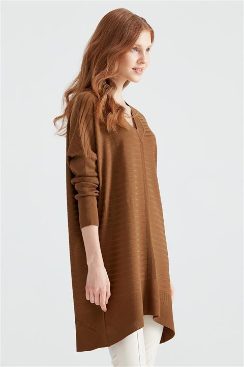 Tığ Triko V Yaka Örgü Detaylı Triko Tunik Haki