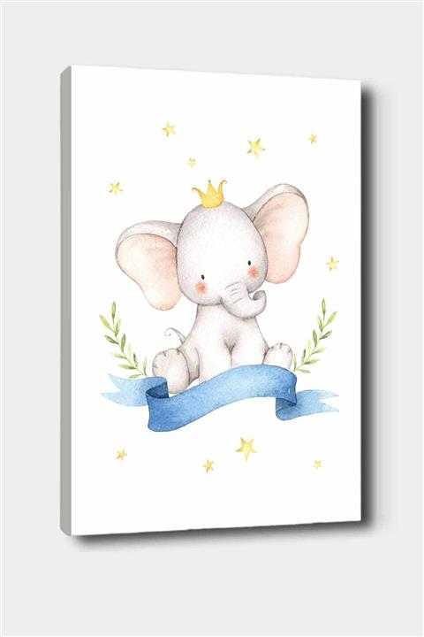 Else Halı Else Mavi Taçlı Filli Desenli Dekoratif Çocuk Bebek Odası Kanvas Tablo 50x70 Cm