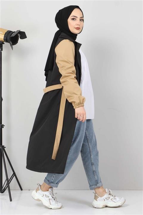 Tesettür Dünyası Kolları Renkli Trençkot Tsd11928 Siyah