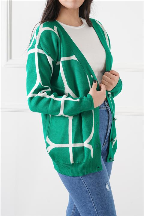 Manga Kadın Desenli Düğmeli Hırka Yeşil