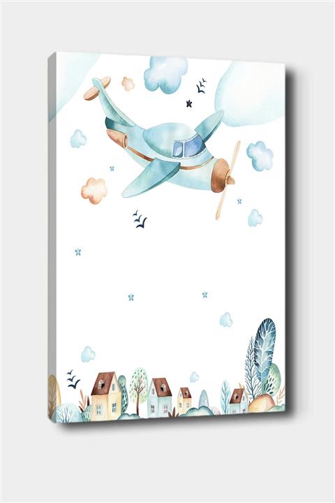 Else Halı Else Mavi Şehir Uçaklı Desenli Dekoratif Çocuk Bebek Odası Kanvas Tablo 50x70 Cm