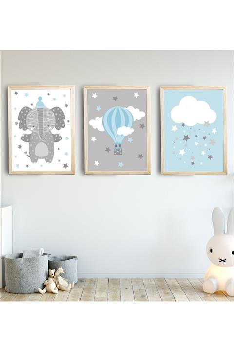 SUNNYFUNNYKIDS Erkek Bebek Odası Tablo Mavi Fil Uçan Balon 3'lü Naturel Renk Doğal Ahşap Çerçeveli Set 30x40 Cm
