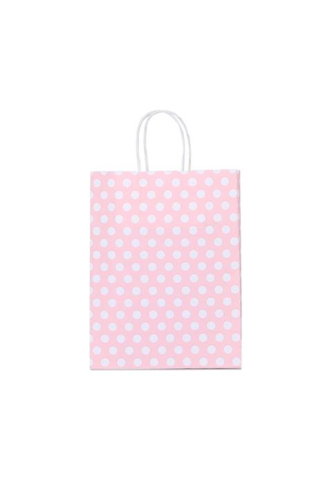 paketlemetezgahı 18*24*8 Pembe Puantiye Saplı Kağıt Çanta 25 Adet