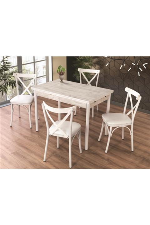 Emma Concept Beyaz Ahşap Açılabilir Masa Sandalye Takımı 70x110 + 4 Sandalye