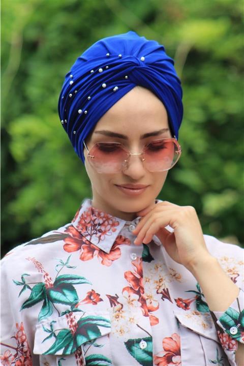 Sahra Şal Dünyası Incili Dolama Bone Saks Mavisi