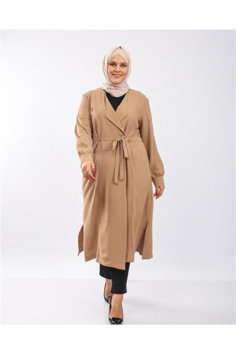 Modakenti Büyük Beden Kruvaze Model Gizli Kemerli Trenç Kap - Vizon