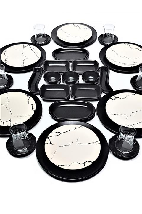 GULHANILE Mat Siyah Mat Krem Mermer Desen 35 Parça 6 Kişilik Kahvaltı Takımı