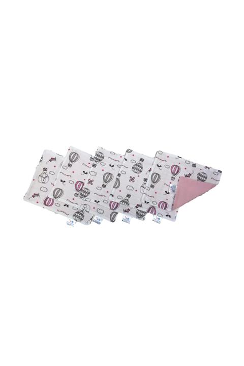 Enhitbaby 5'li Ağız Ve Ter Bezi, Önü Müslin Arkası Pazen, %100 Pamuk, Oeko-tex Sertifikalı, Pembe Uçanbalon