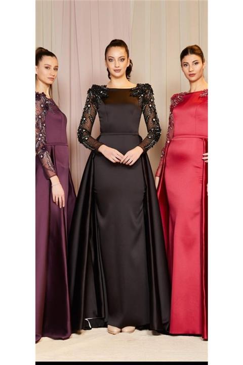 Katre Kenzel Büyük Beden Kolları Taş Işlemeli Saten Abiye