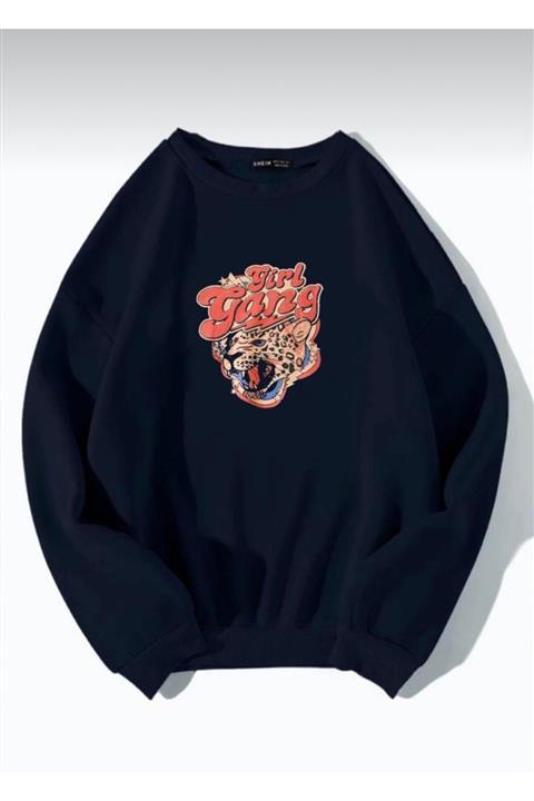 AFROGİYİM Unisex Lacivert Oversize Girl Gang Baskılı Sweatshirt