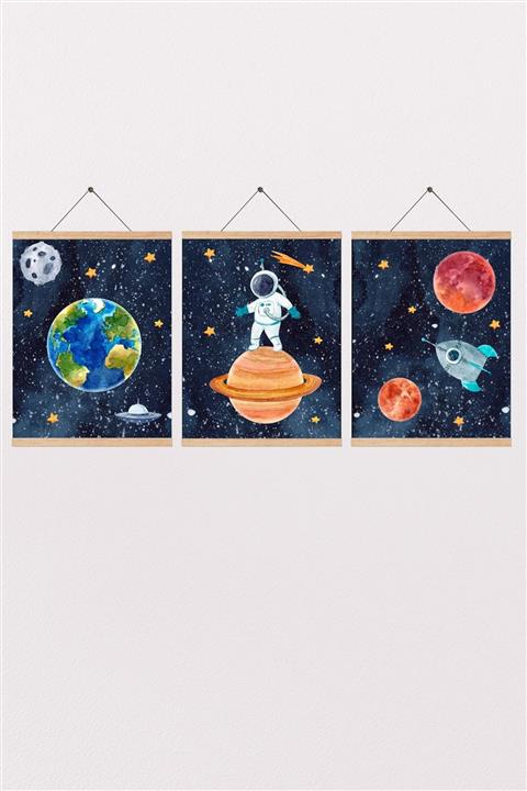 Canvartie Uzay Rüyası Askılı Deri Üzerine Baskı Üçlü Çocuk Odası Tablosu 30x40