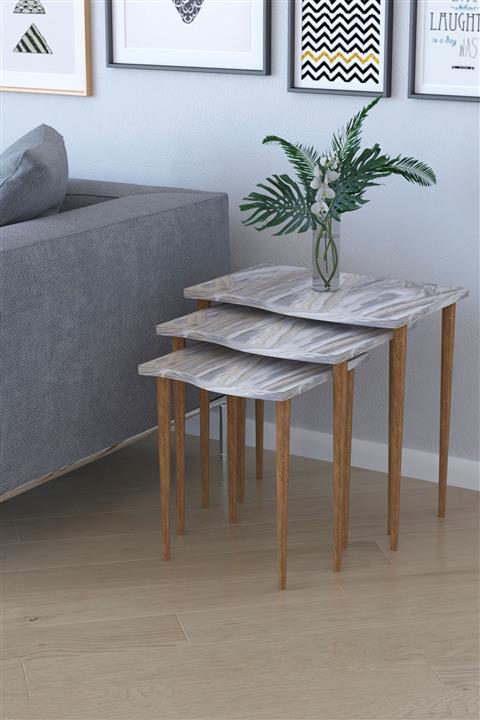 Remaks Bayrak 3'lü  Zigon Sehpa Çay Sehpası - Beyaz Mermer