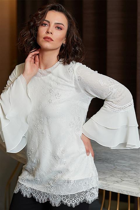 MİYORO Volan Kollu Inci Işleme Dantel Büyük Beden Bluz